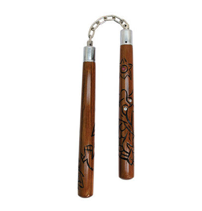 Nunchaku, Wood, Deluxe, Chain, Carved in Dragon